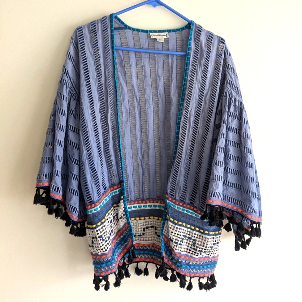Anthropologie Conditions Apply Embroidered Kimono Jacket Tassels SIZE 2-6 S/M